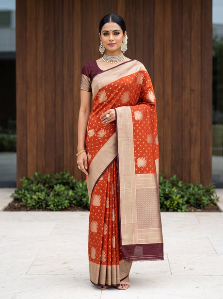 MIMOSA Rust Saree Saree — front view on mannequin