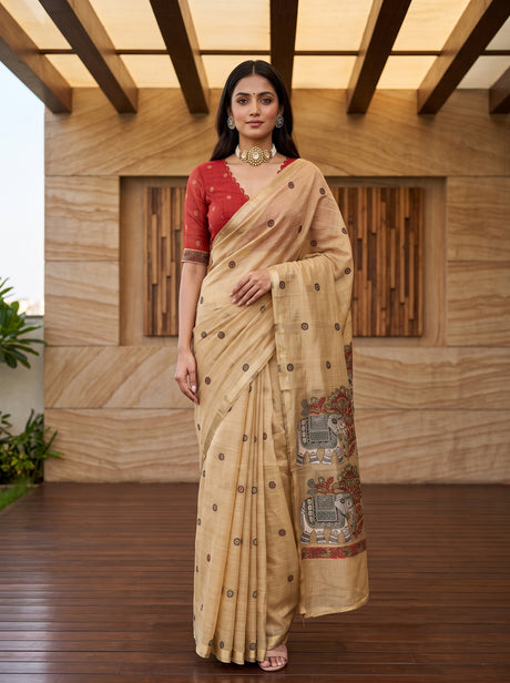 MIMOSA Chiku Banarasi Linen Saree — front view on mannequin