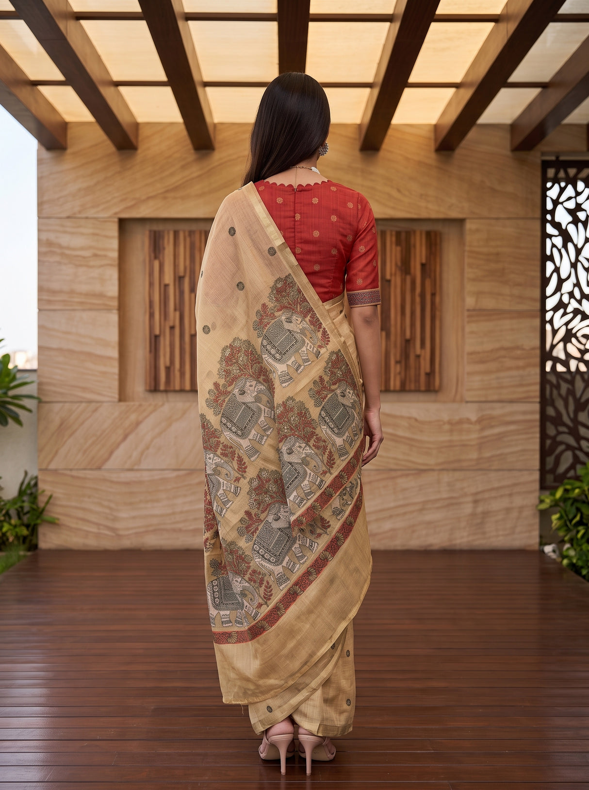 MIMOSA Chiku Banarasi Linen Saree — pose 2 styling detail