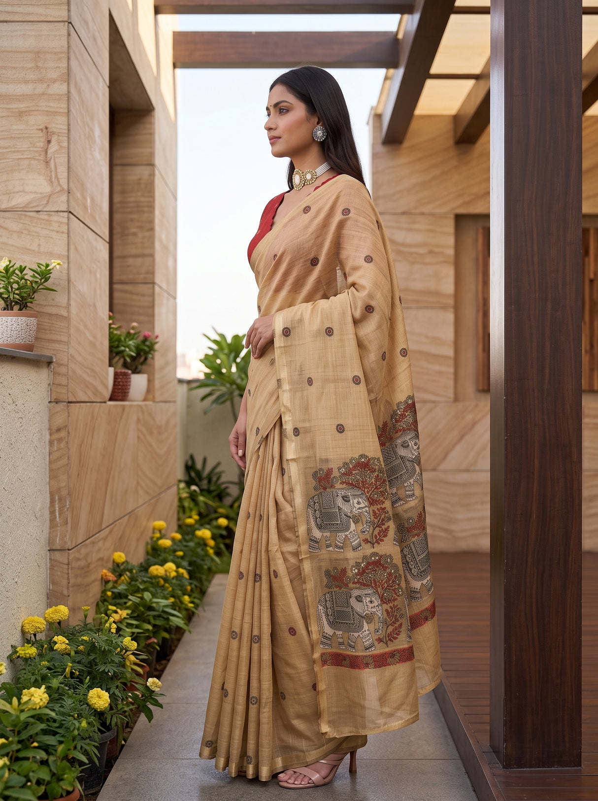 MIMOSA Chiku Banarasi Linen Saree — pose 3 styling detail