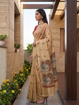 MIMOSA Chiku Banarasi Linen Saree — pose 3 styling detail