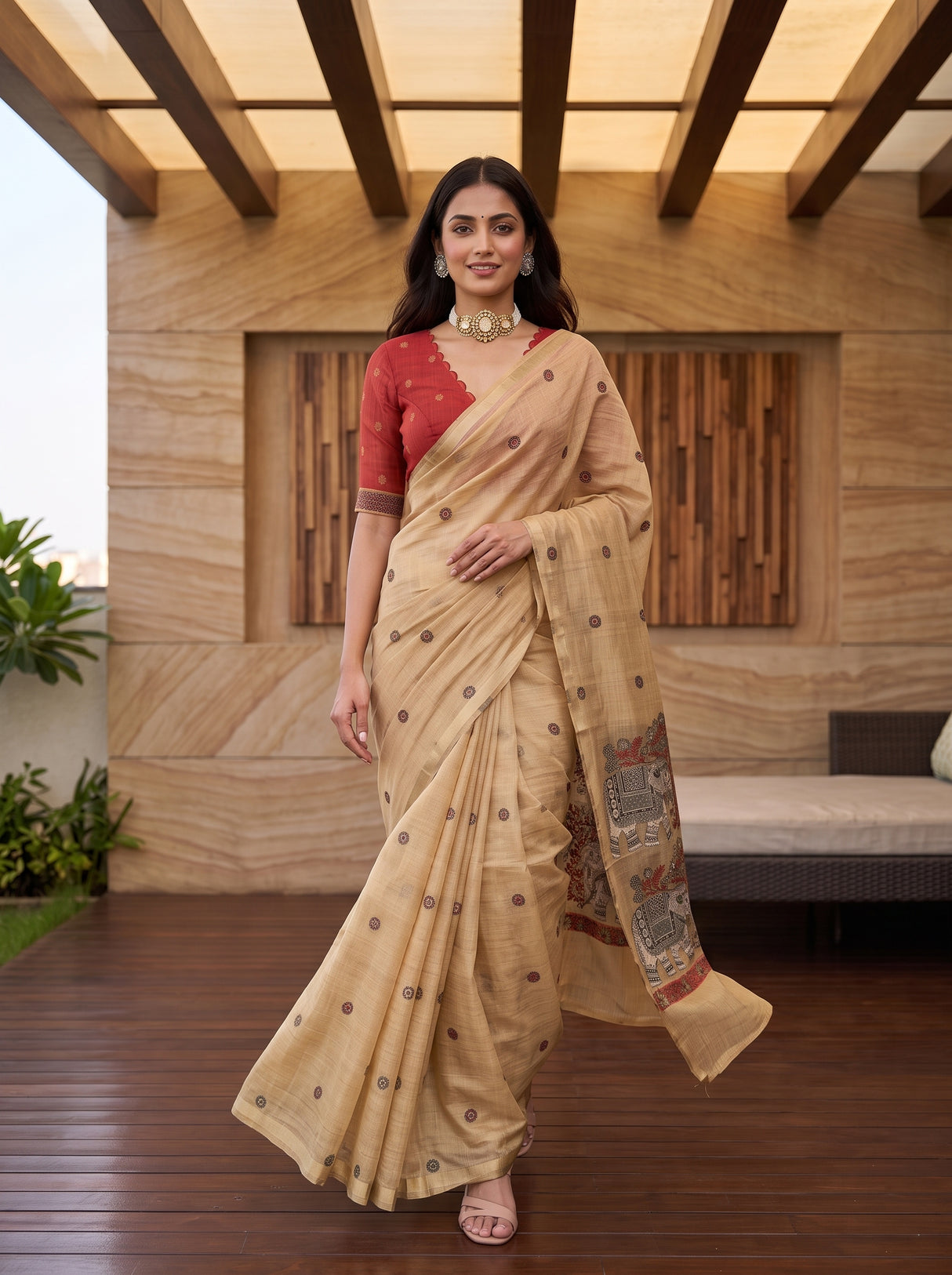 MIMOSA Chiku Banarasi Linen Saree — pose 6 styling detail