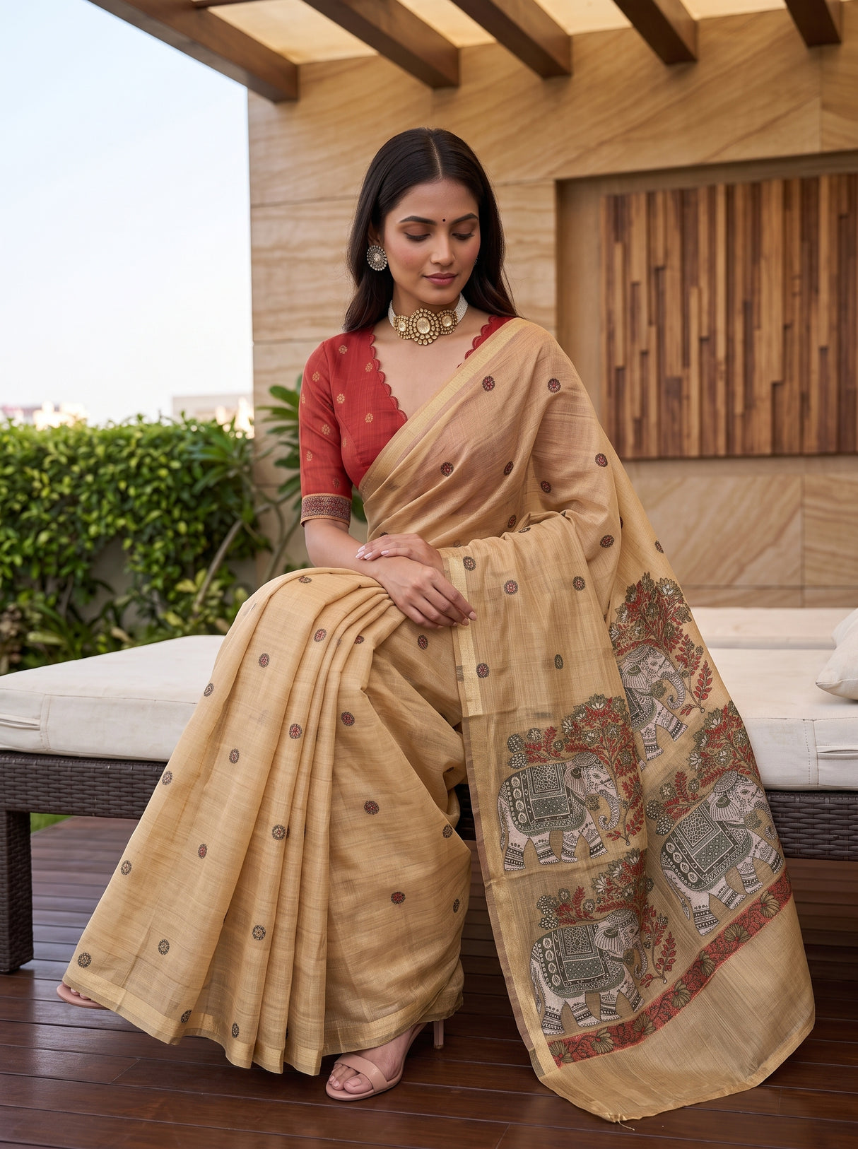 MIMOSA Chiku Banarasi Linen Saree — pose 8 styling detail