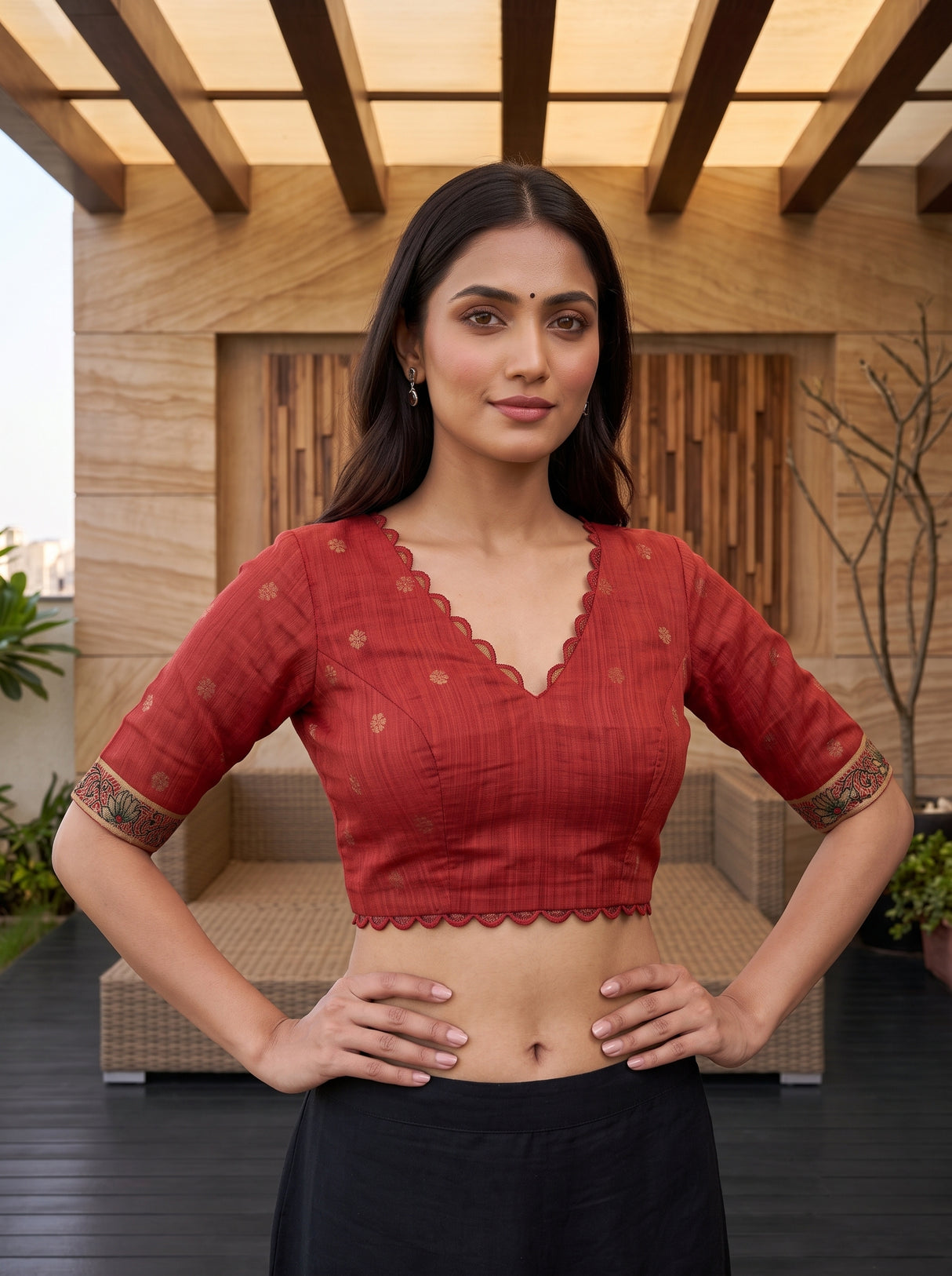 MIMOSA Chiku Banarasi Linen Saree — blouse close-up