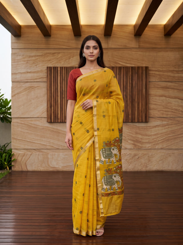 MIMOSA Gold Banarasi Linen Saree — front view on mannequin