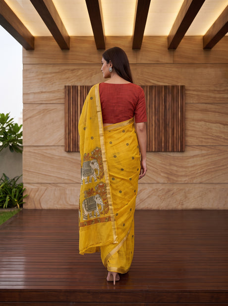 MIMOSA Gold Banarasi Linen Saree — pose 2 styling detail