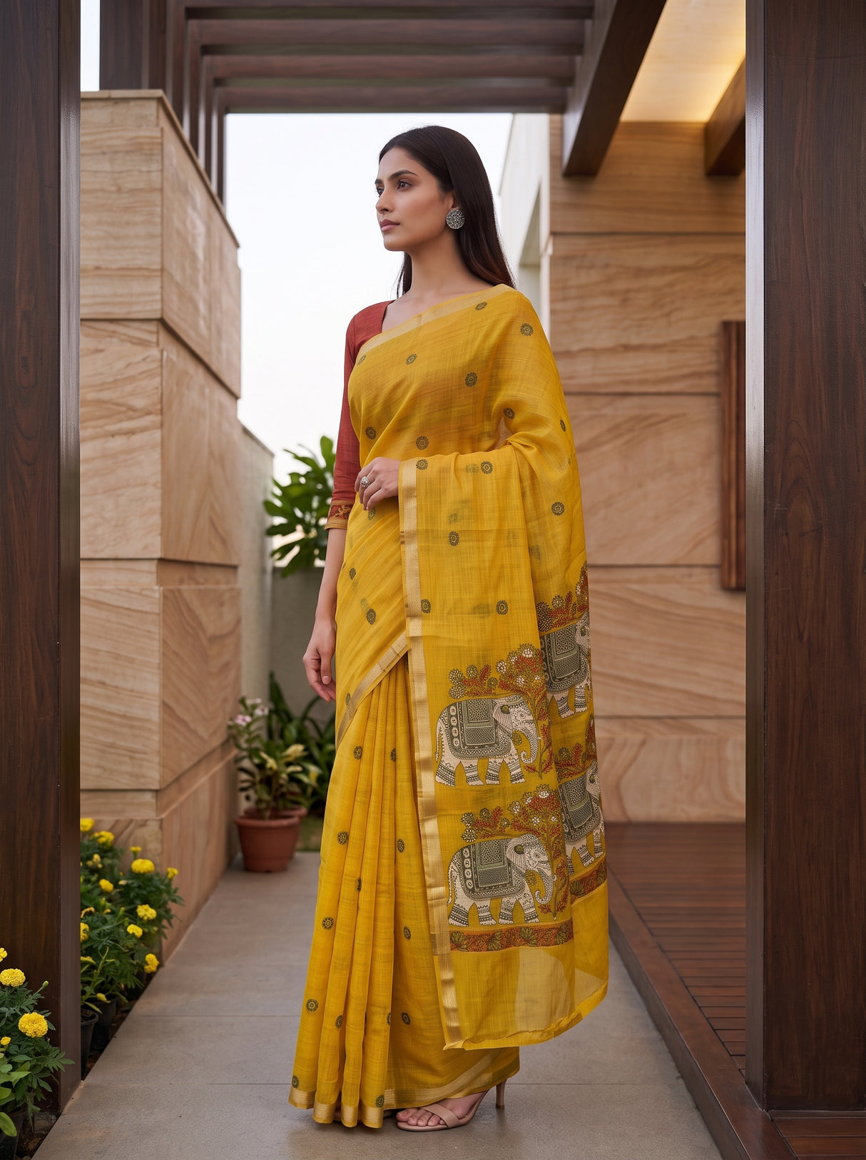 MIMOSA Gold Banarasi Linen Saree — pose 3 styling detail