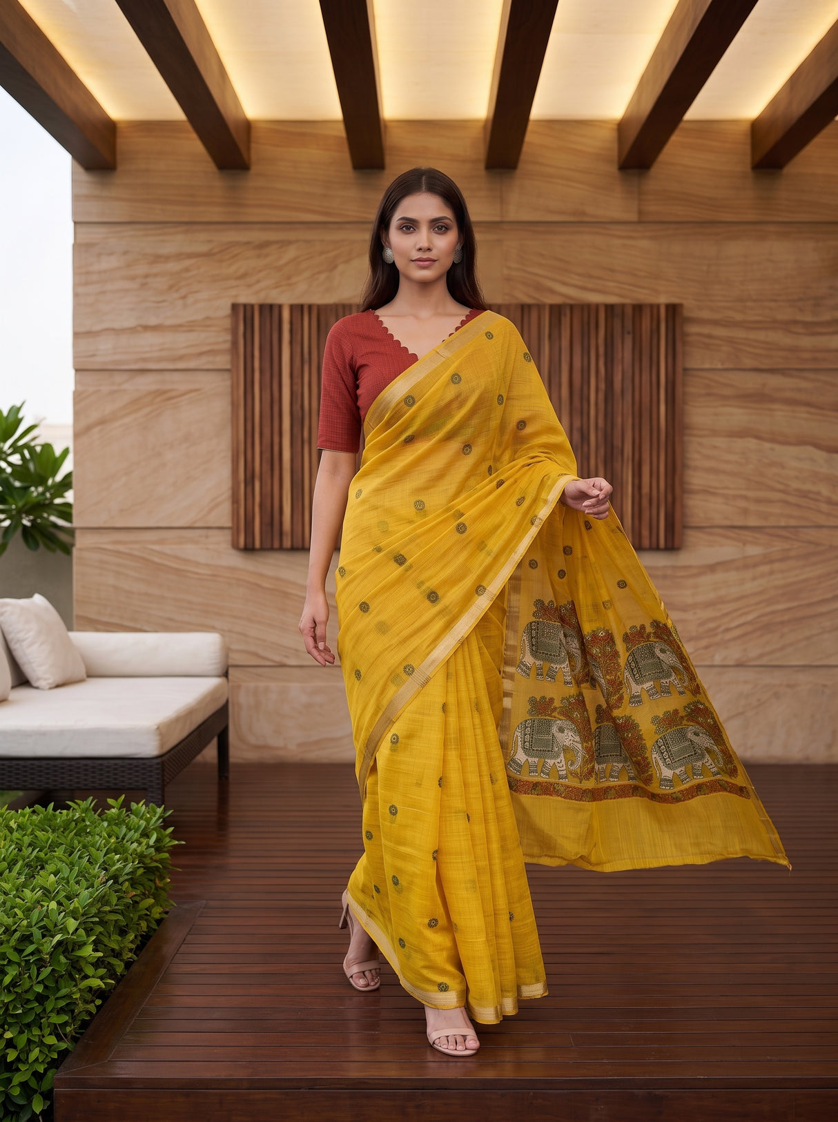 MIMOSA Gold Banarasi Linen Saree — pose 6 styling detail