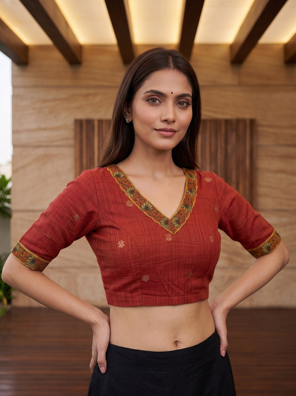 MIMOSA Gold Banarasi Linen Saree — blouse close-up