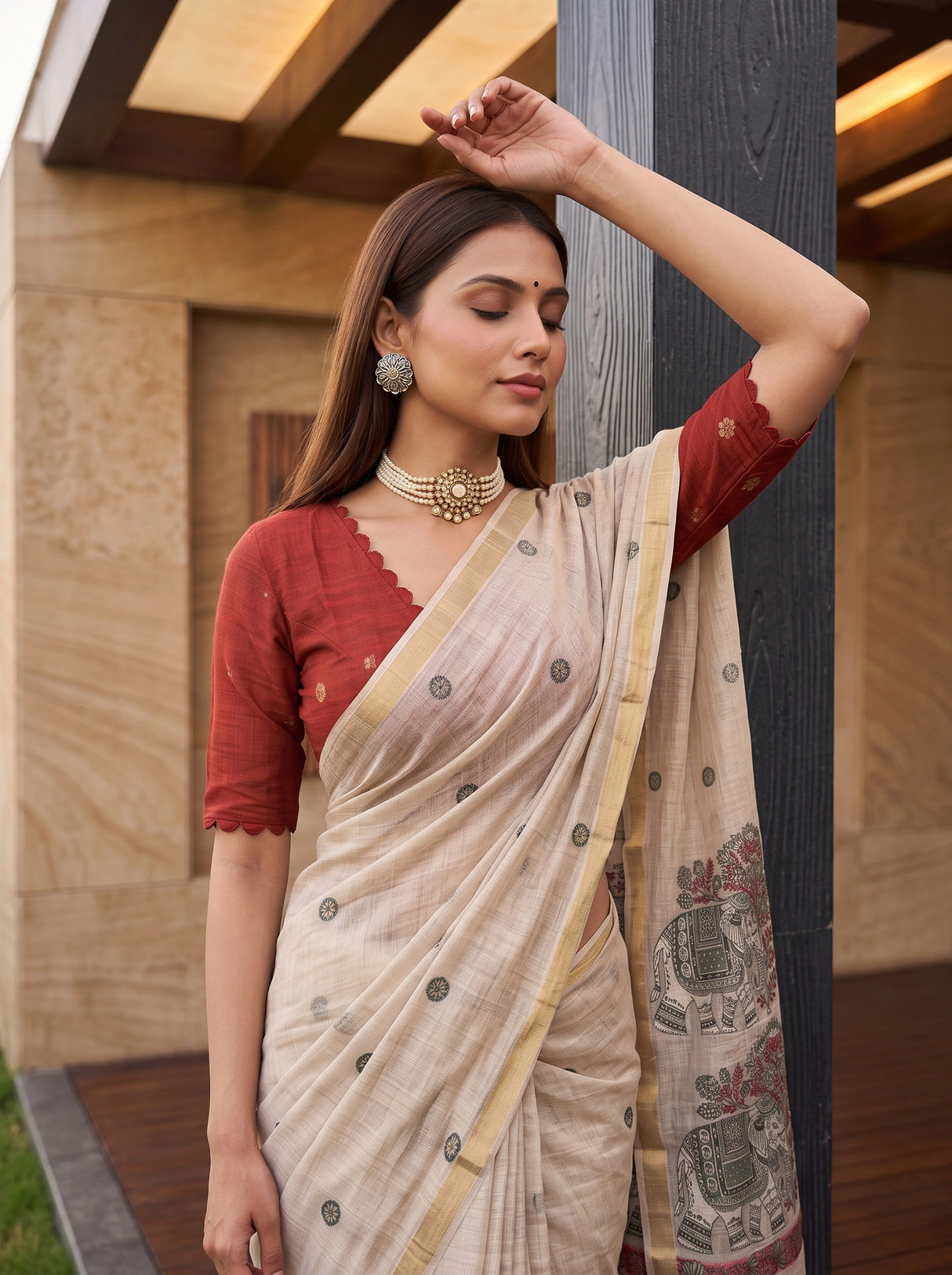 MIMOSA Half White Banarasi Linen Saree — pose 10 styling detail