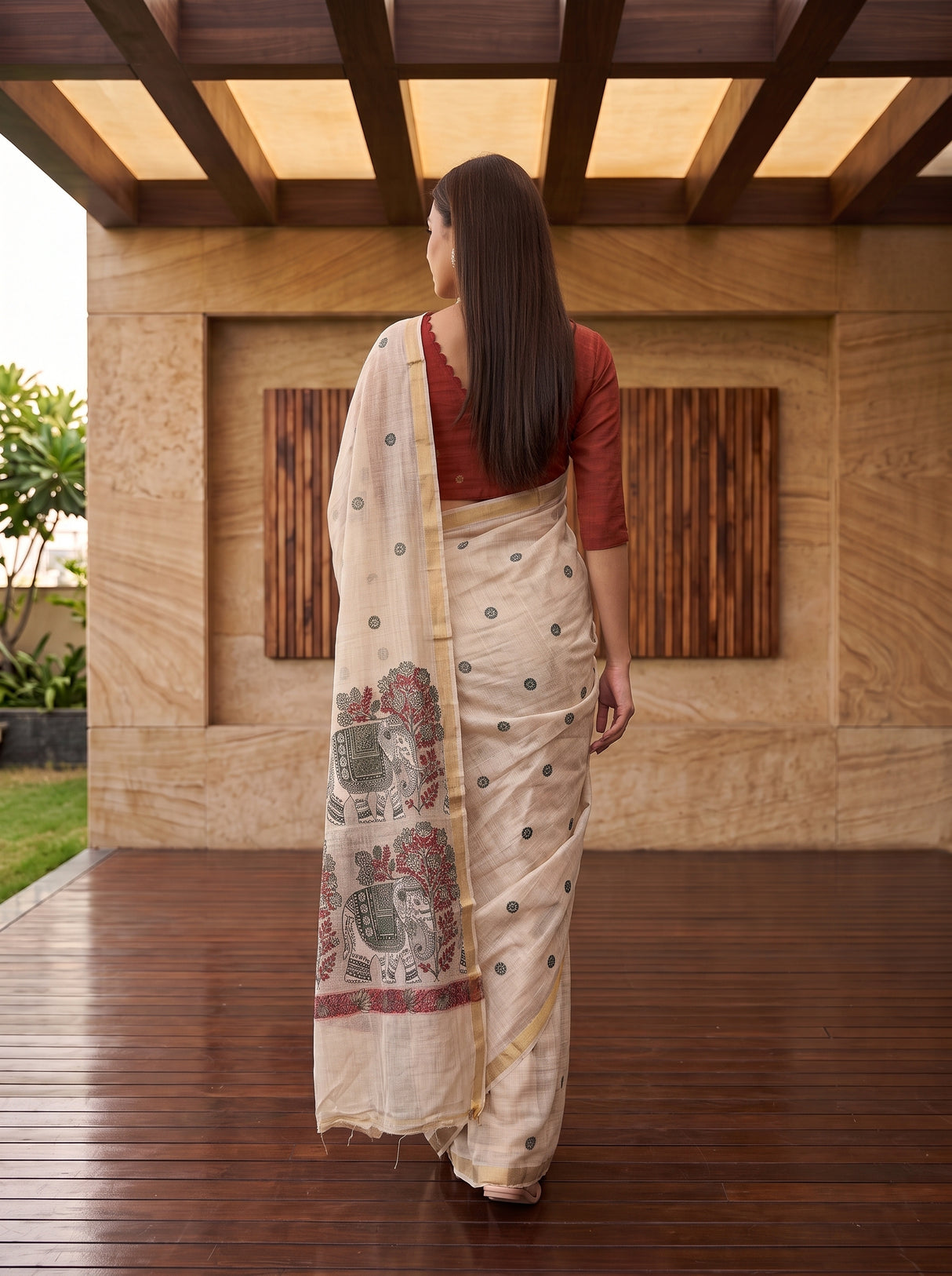 MIMOSA Half White Banarasi Linen Saree — pose 2 styling detail