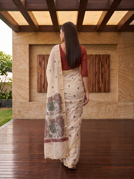 MIMOSA Half White Banarasi Linen Saree — pose 2 styling detail