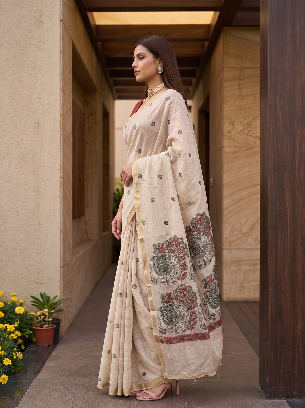 MIMOSA Half White Banarasi Linen Saree — pose 3 styling detail
