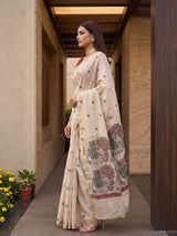MIMOSA Half White Banarasi Linen Saree — pose 3 styling detail