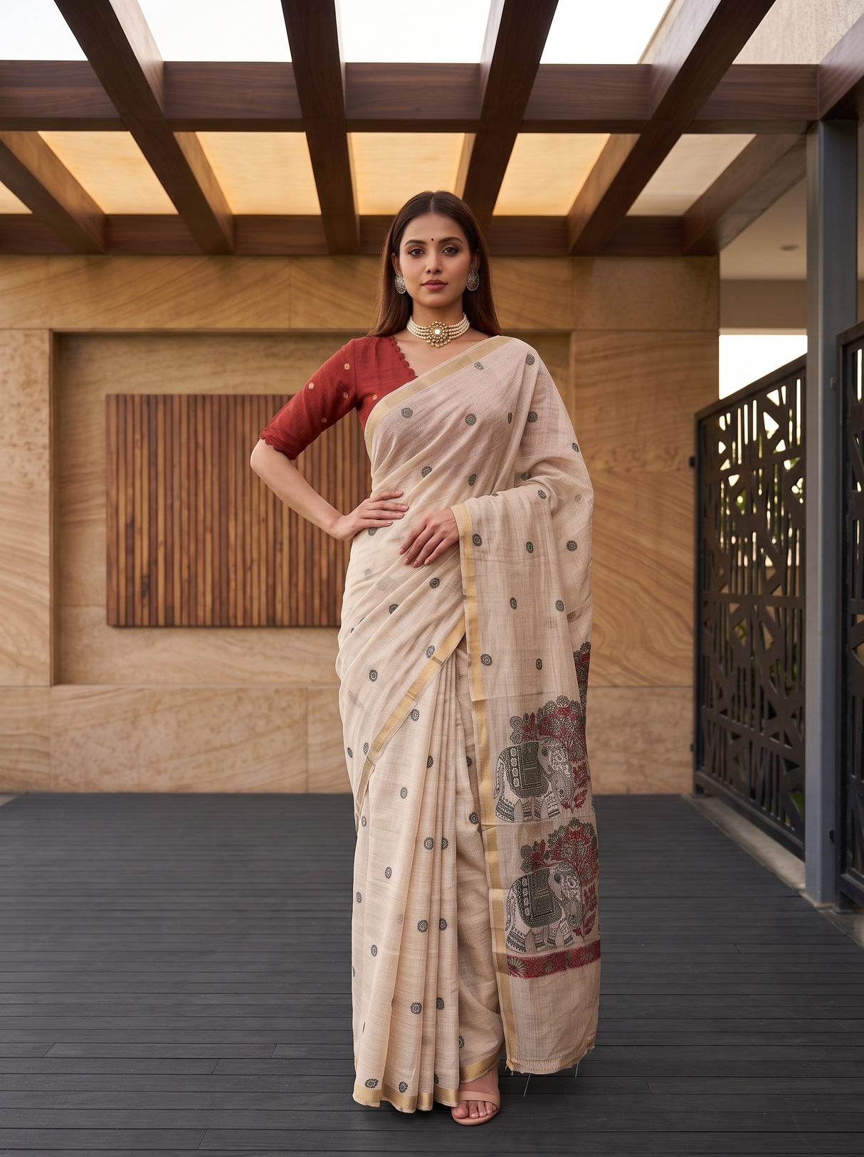 MIMOSA Half White Banarasi Linen Saree — pose 4 styling detail