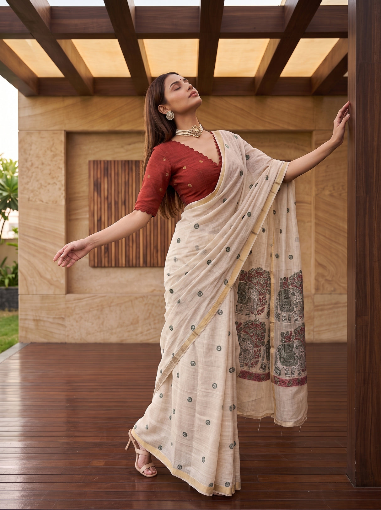 MIMOSA Half White Banarasi Linen Saree — pose 5 styling detail