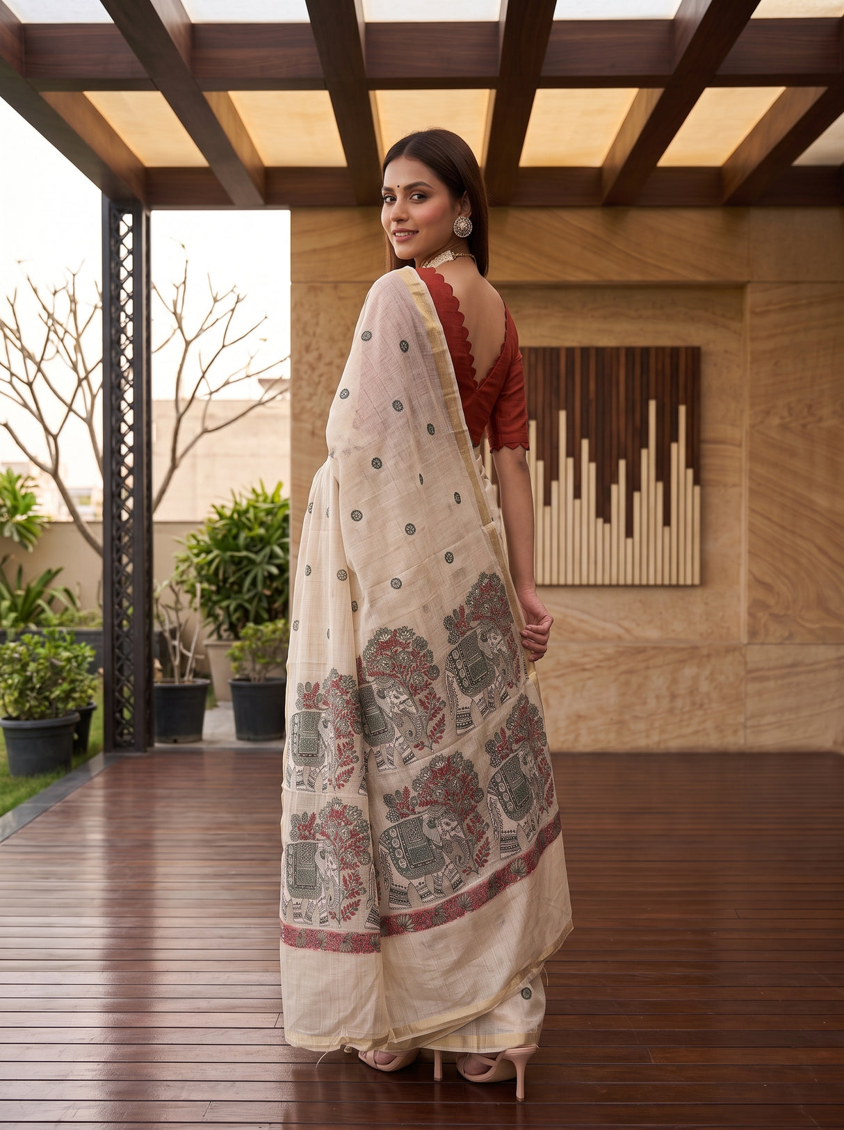 MIMOSA Half White Banarasi Linen Saree — pose 7 styling detail