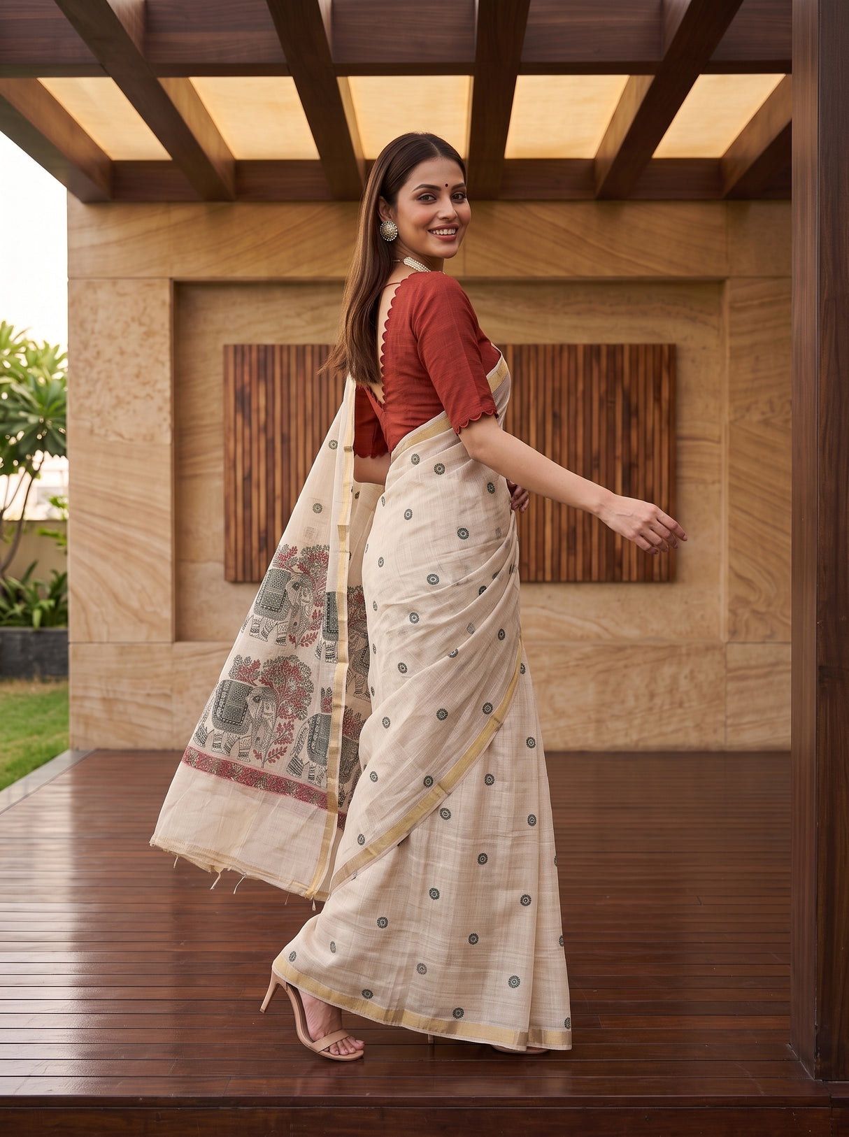MIMOSA Half White Banarasi Linen Saree — pose 9 styling detail