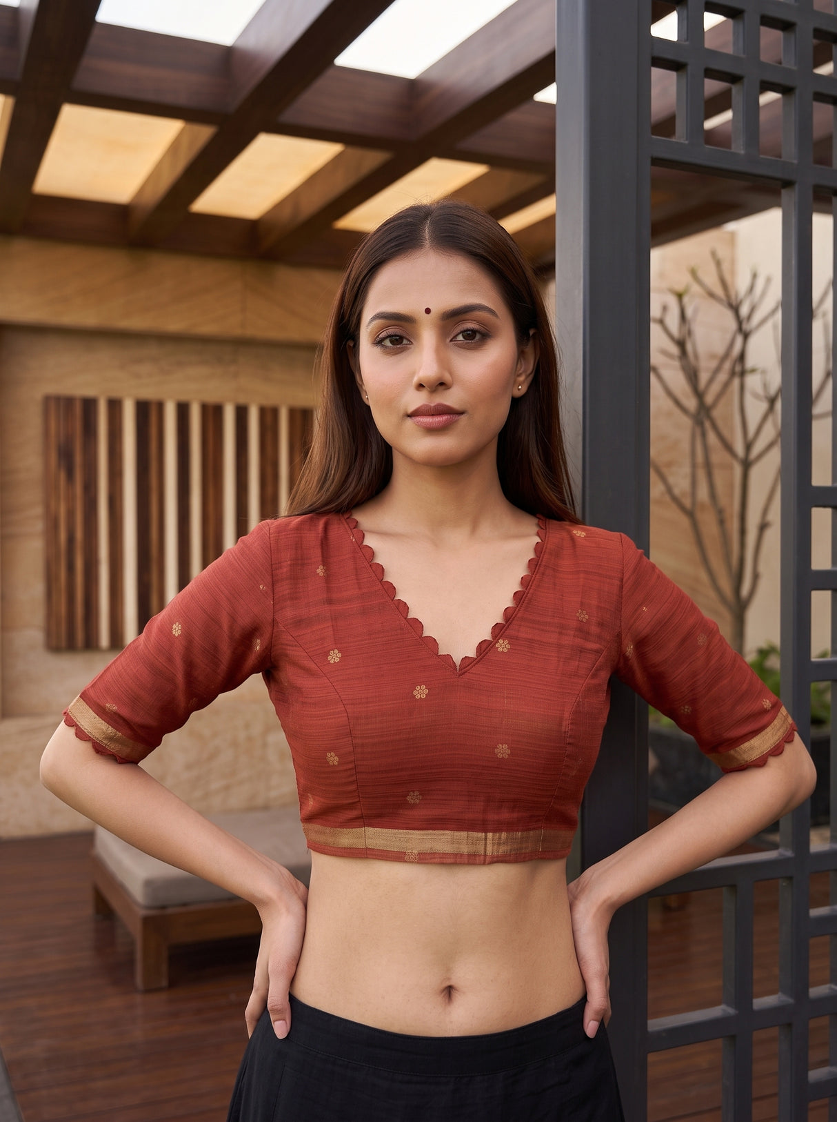 MIMOSA Half White Banarasi Linen Saree — blouse close-up