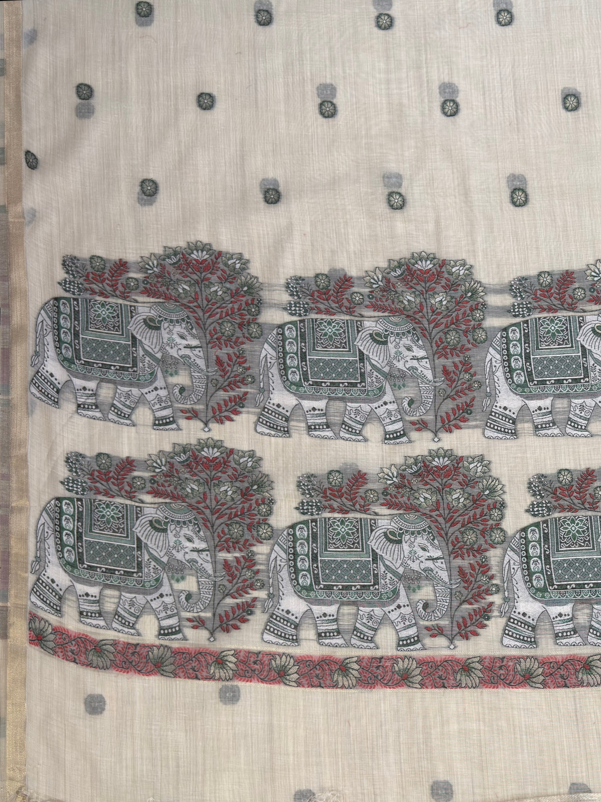MIMOSA Half White Banarasi Linen Saree — pallu and zari work detail
