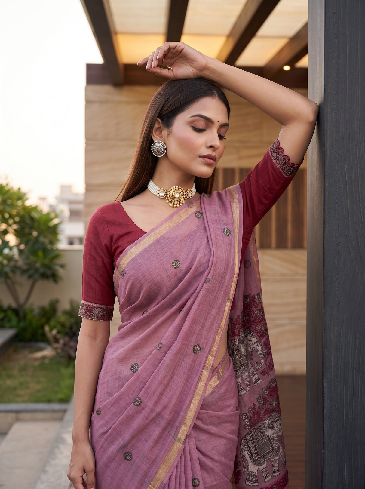 MIMOSA Pink Banarasi Linen Saree — pose 10 styling detail