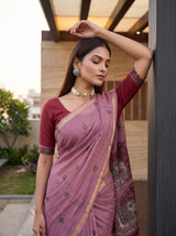 MIMOSA Pink Banarasi Linen Saree — pose 10 styling detail