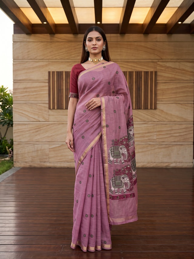 MIMOSA Pink Banarasi Linen Saree — front view on mannequin
