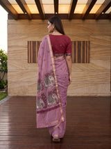 MIMOSA Pink Banarasi Linen Saree — pose 2 styling detail
