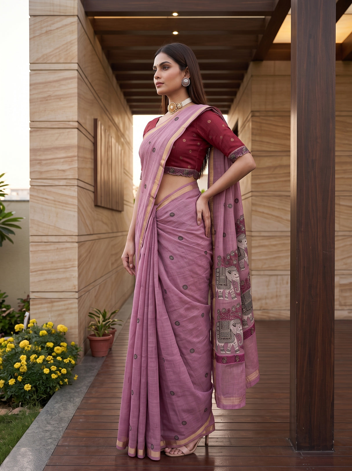 MIMOSA Pink Banarasi Linen Saree — pose 3 styling detail