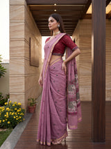 MIMOSA Pink Banarasi Linen Saree — pose 3 styling detail