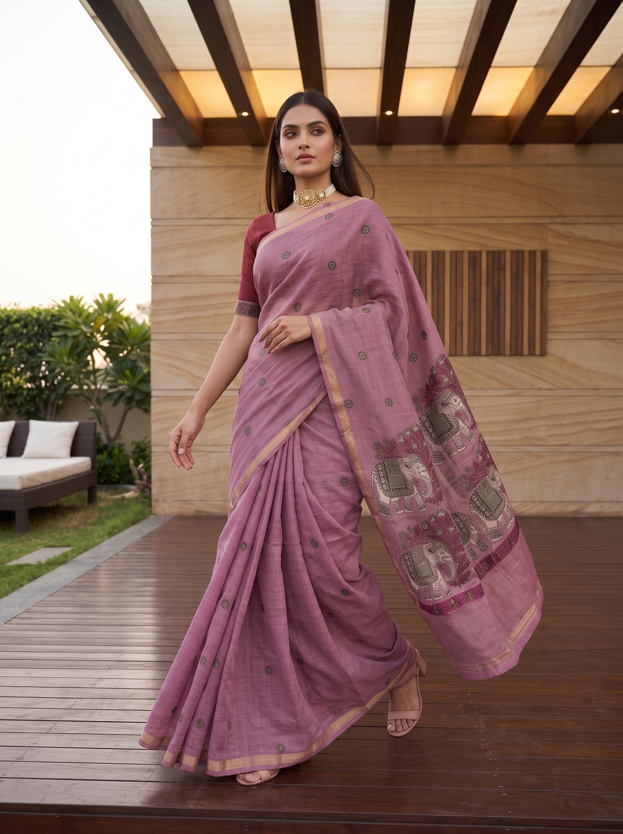 MIMOSA Pink Banarasi Linen Saree — pose 6 styling detail