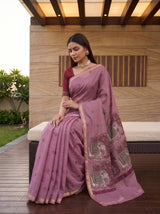 MIMOSA Pink Banarasi Linen Saree — pose 8 styling detail