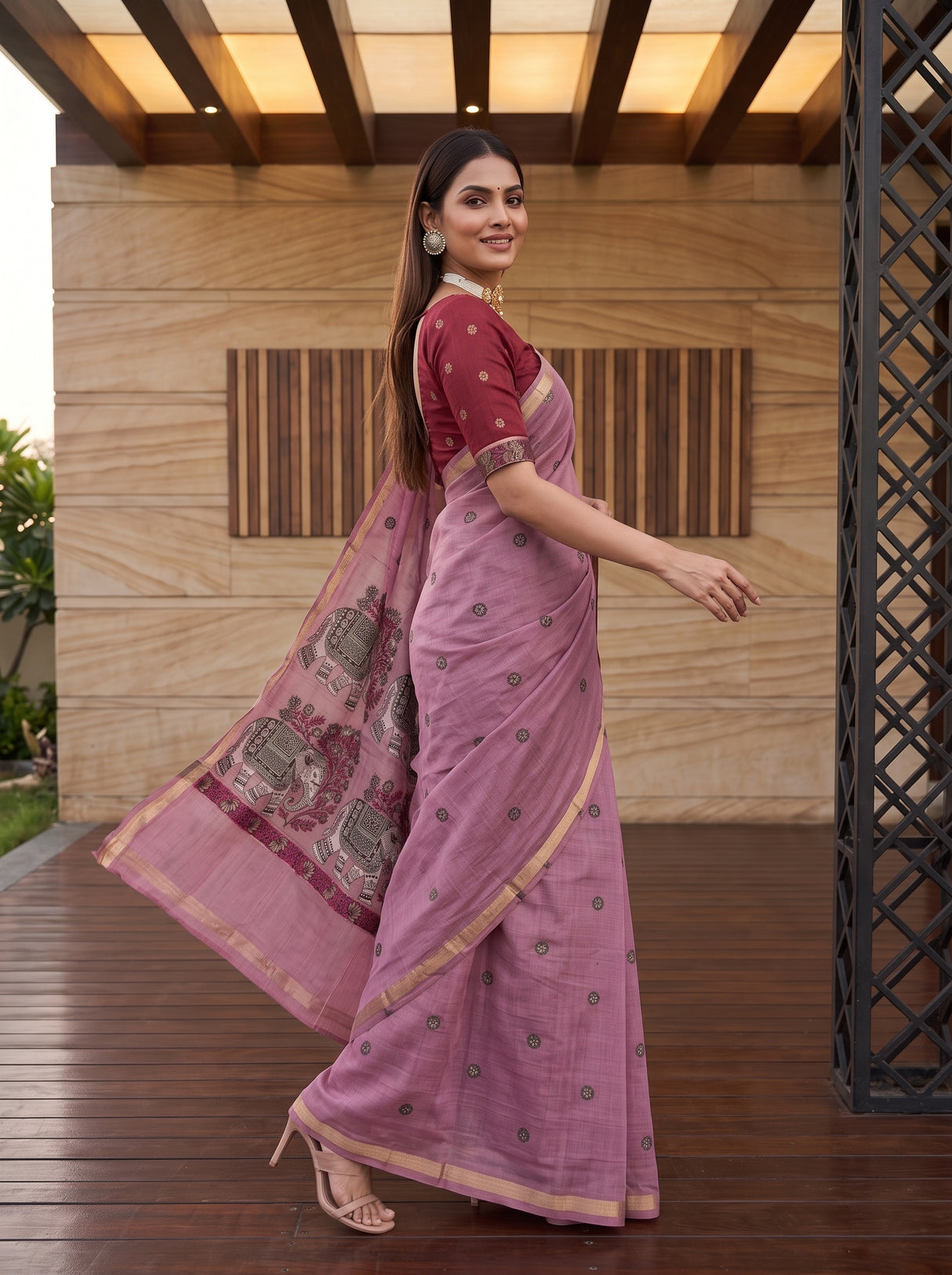 MIMOSA Pink Banarasi Linen Saree — pose 9 styling detail