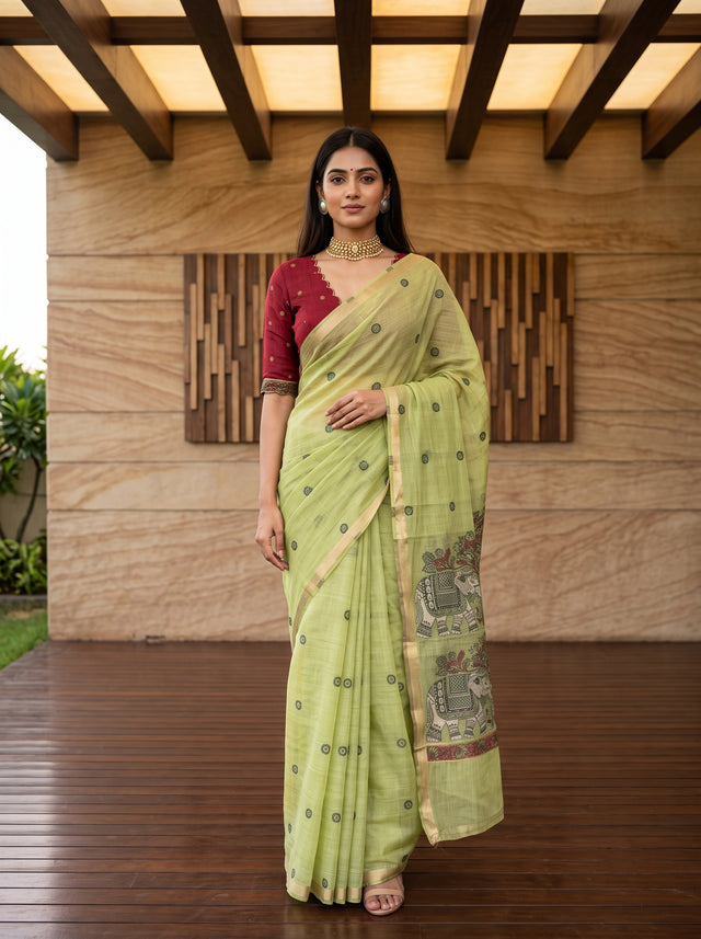 MIMOSA Pista Banarasi Linen Saree — front view on mannequin