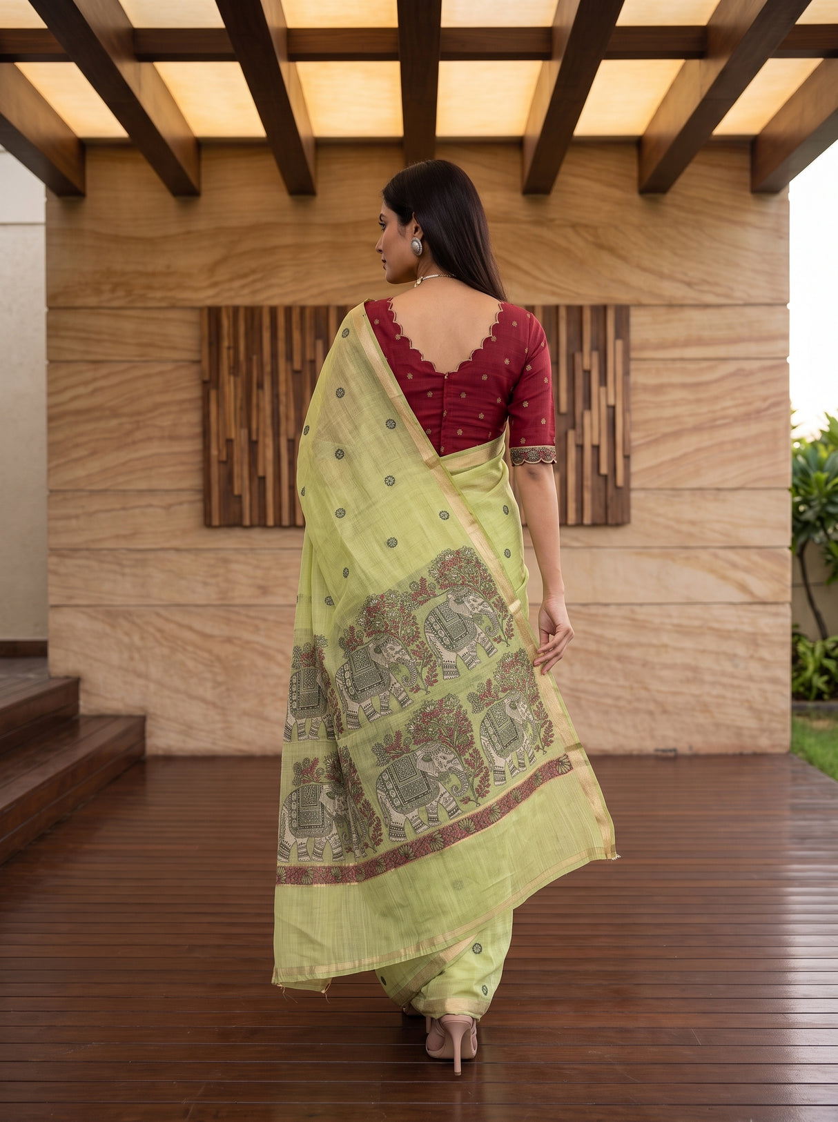 MIMOSA Pista Banarasi Linen Saree — pose 2 styling detail