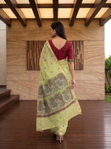 MIMOSA Pista Banarasi Linen Saree — pose 2 styling detail