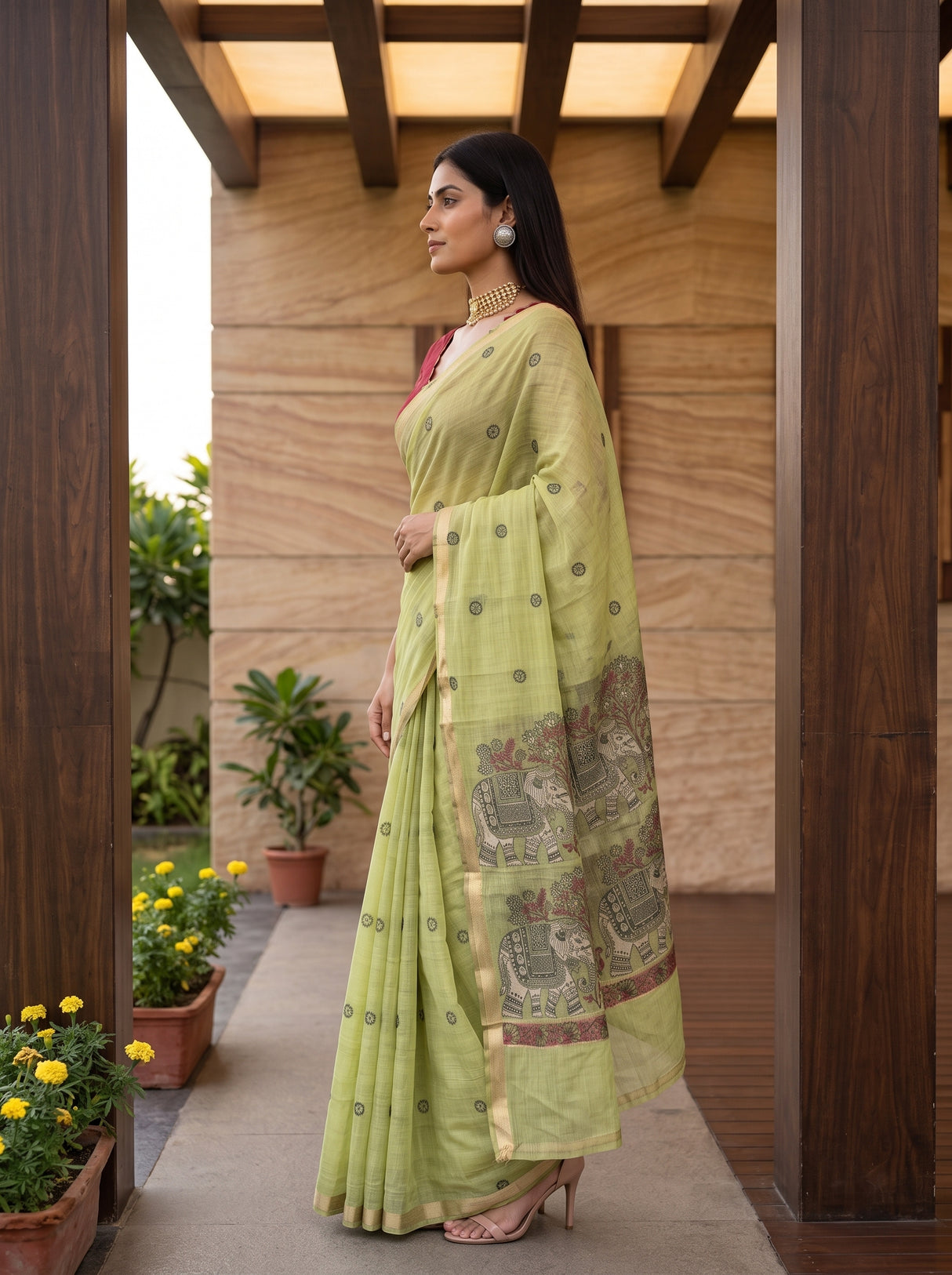 MIMOSA Pista Banarasi Linen Saree — pose 3 styling detail