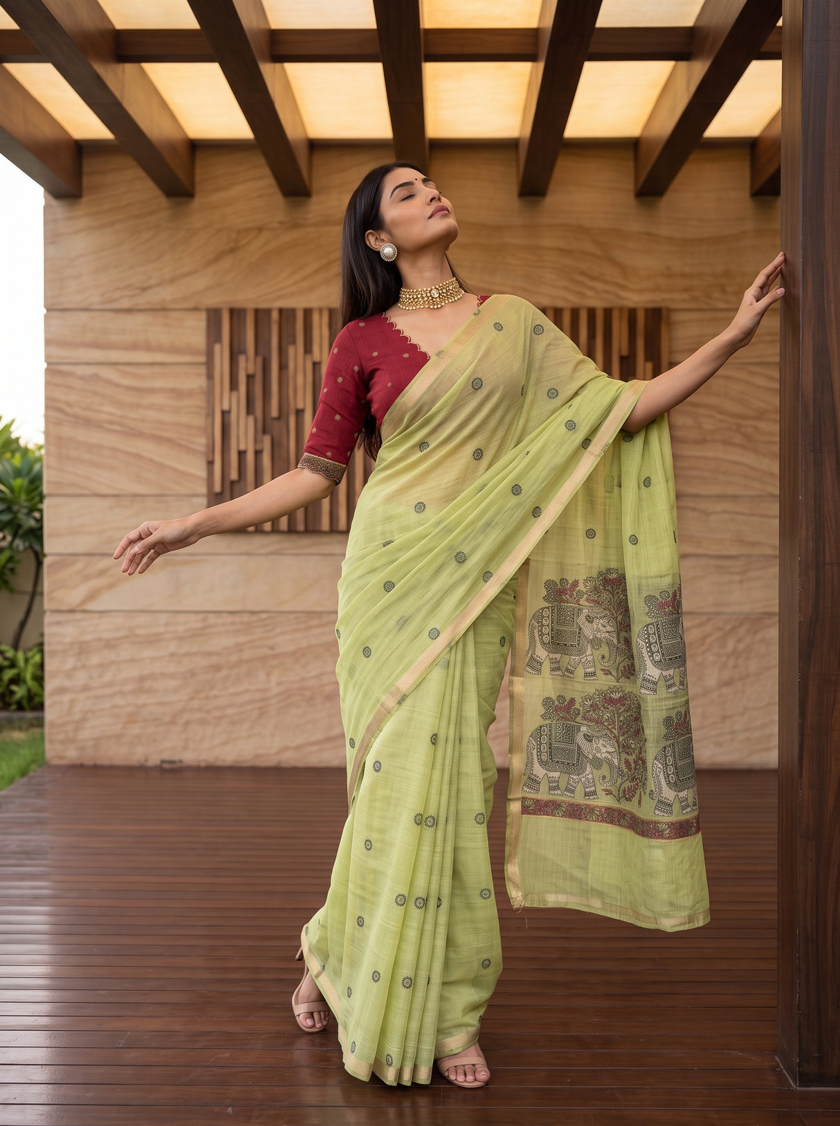 MIMOSA Pista Banarasi Linen Saree — pose 5 styling detail