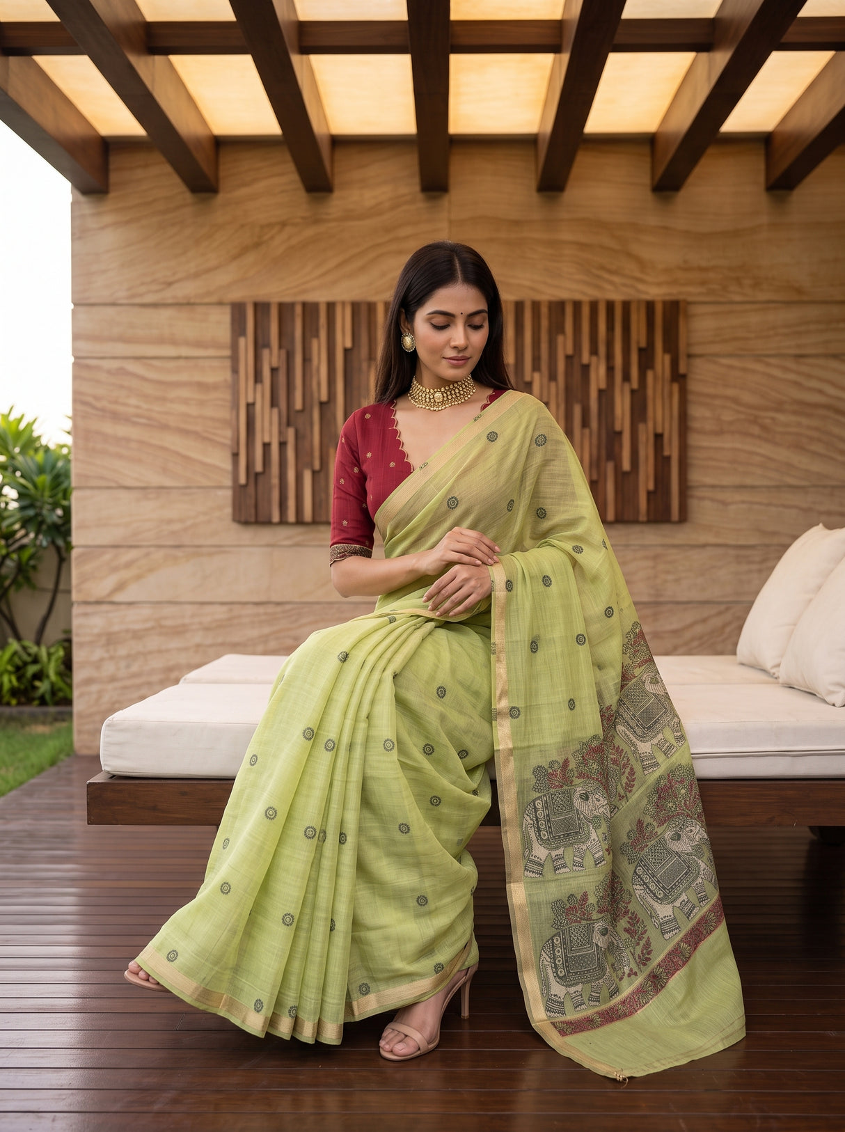 MIMOSA Pista Banarasi Linen Saree — pose 8 styling detail