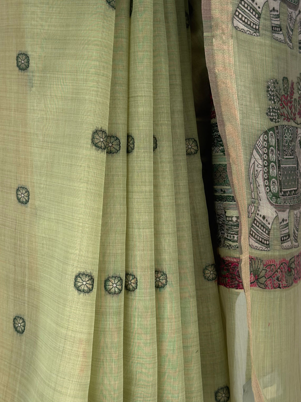 MIMOSA Pista Banarasi Linen Saree — fleets shot full lifestyle