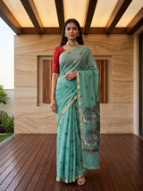 MIMOSA Rama Banarasi Linen Saree — front view on mannequin