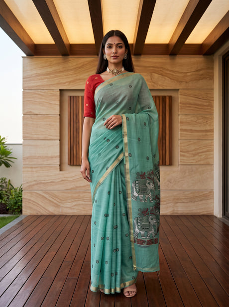 MIMOSA Rama Banarasi Linen Saree — front view on mannequin