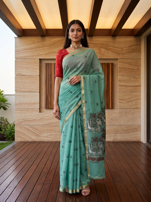 MIMOSA Rama Banarasi Linen Saree — front view on mannequin