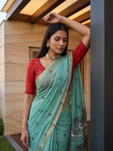 MIMOSA Rama Banarasi Linen Saree — pose 10 styling detail