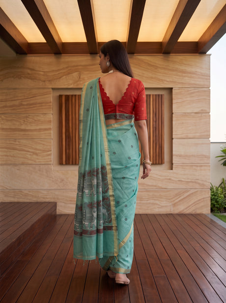 MIMOSA Rama Banarasi Linen Saree — pose 2 styling detail