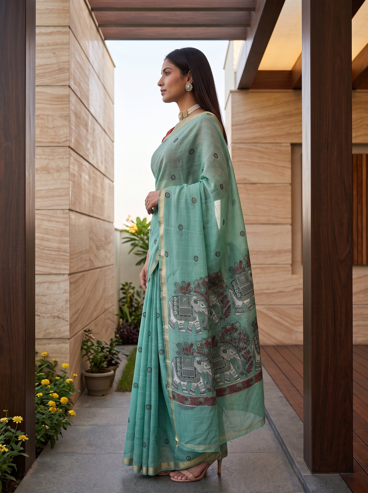 MIMOSA Rama Banarasi Linen Saree — pose 3 styling detail
