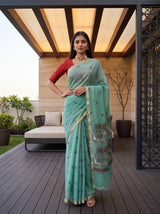 MIMOSA Rama Banarasi Linen Saree — pose 4 styling detail