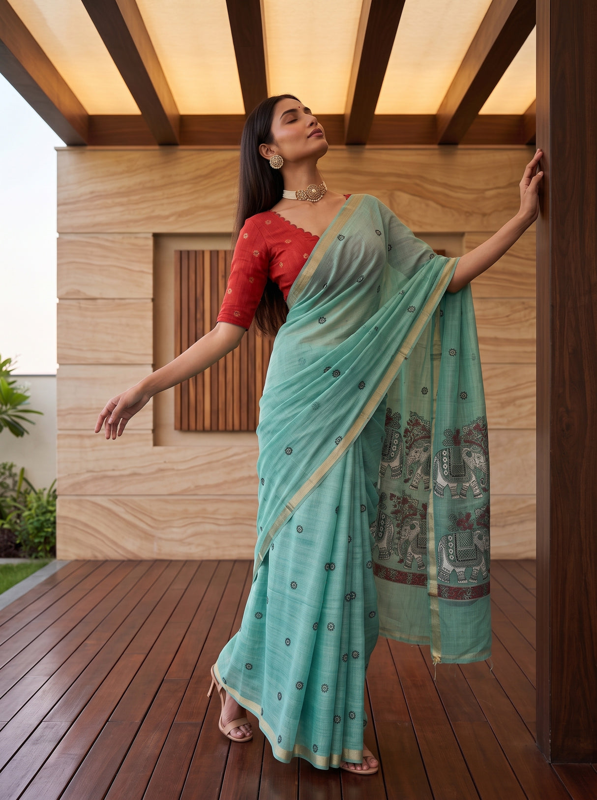 MIMOSA Rama Banarasi Linen Saree — pose 5 styling detail