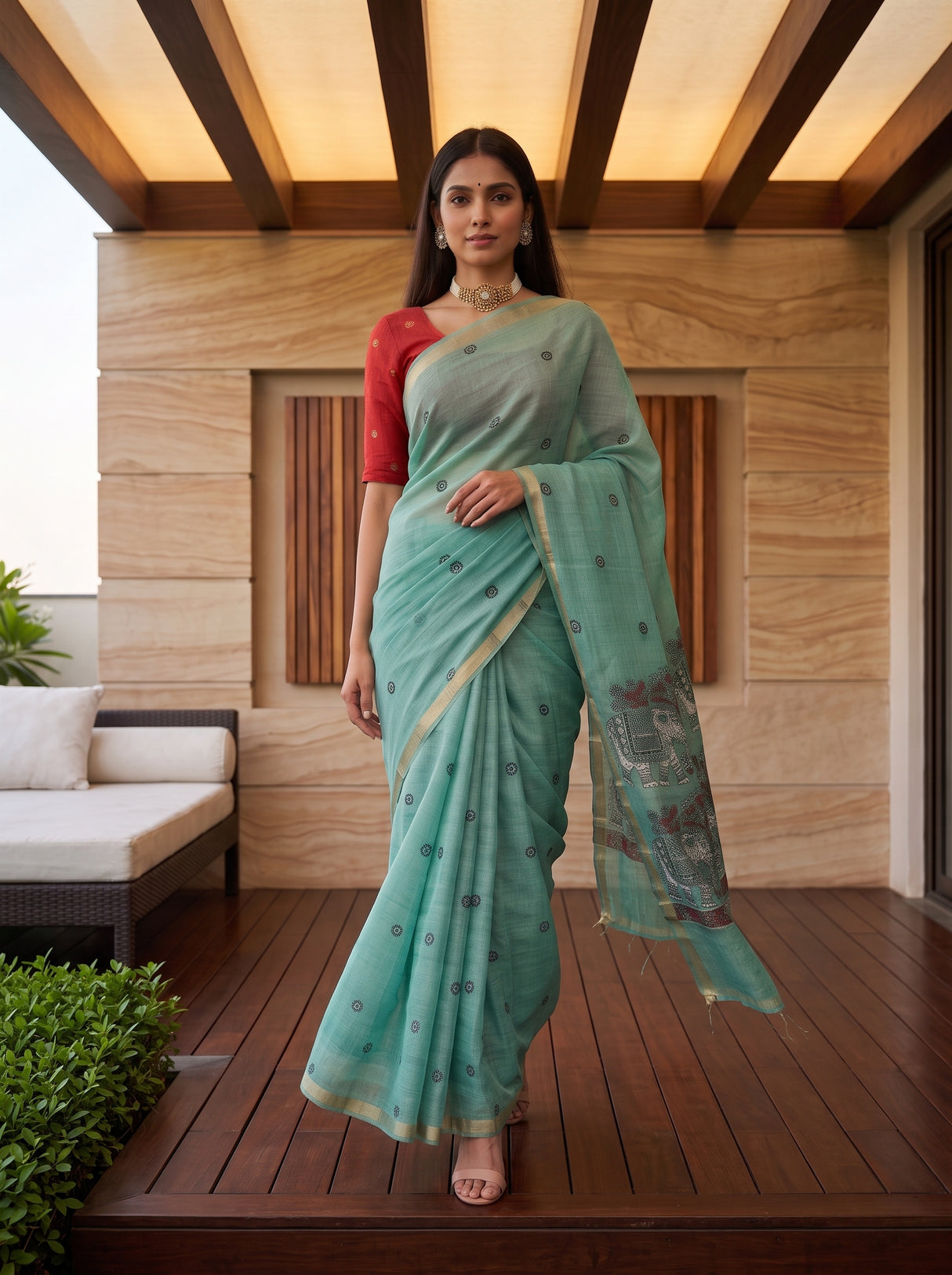 MIMOSA Rama Banarasi Linen Saree — pose 6 styling detail