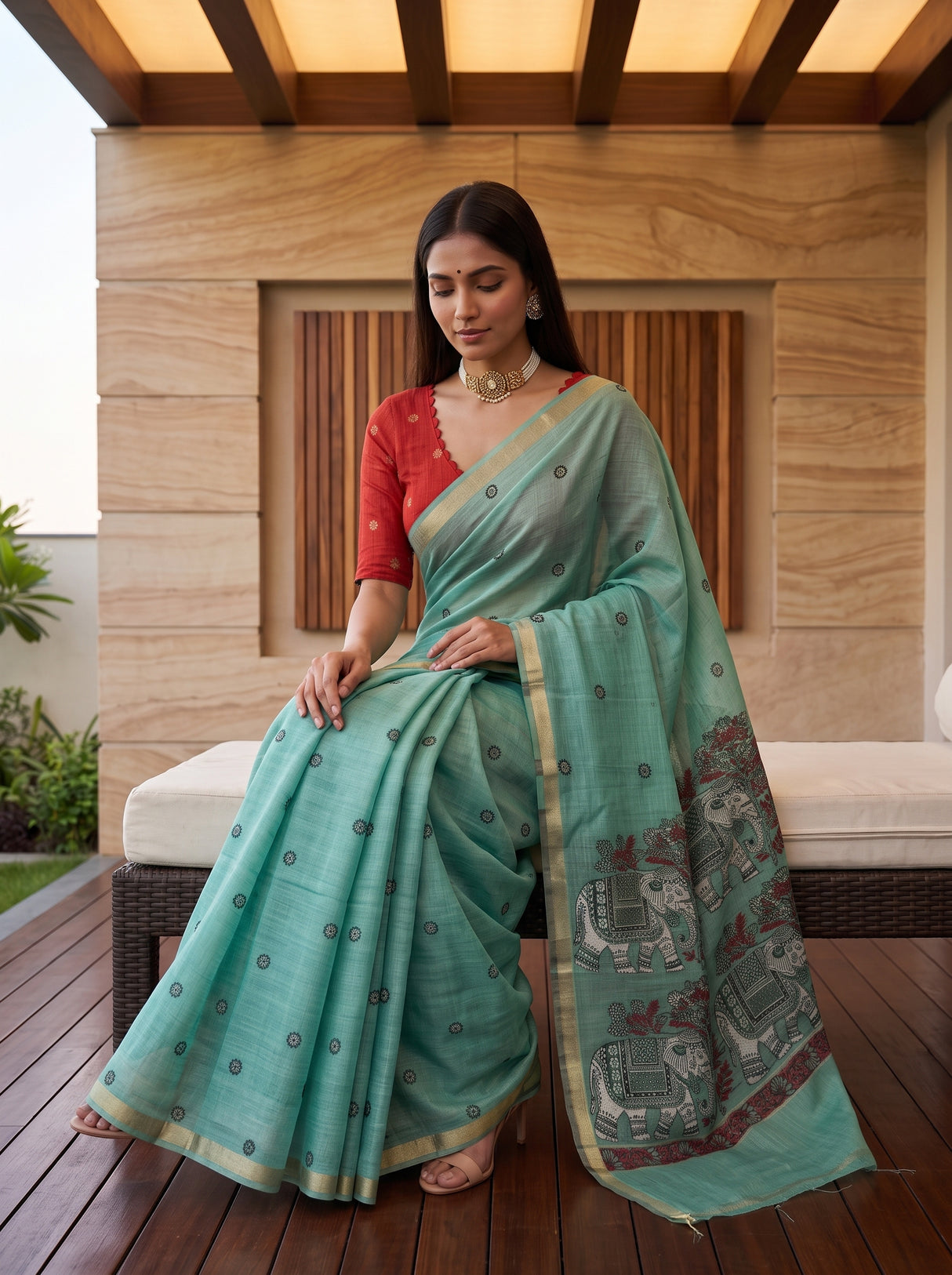 MIMOSA Rama Banarasi Linen Saree — pose 8 styling detail